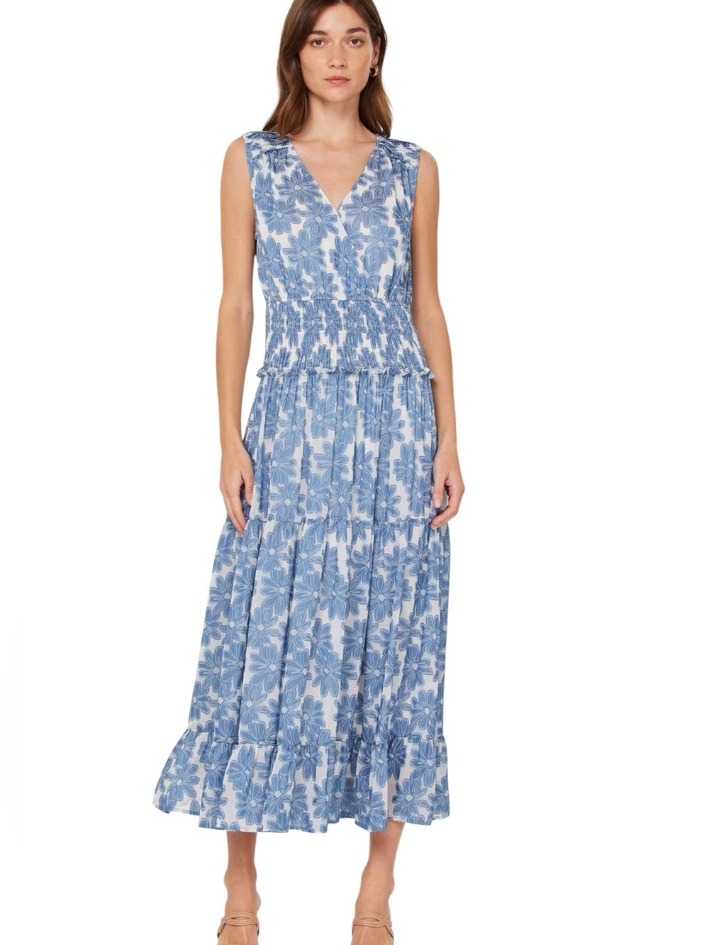 LN Current Air Blue & White Daisy Floral Jacquard Smocked Maxi Dress - M